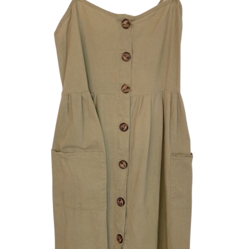 Sage Green Spaghetti Strap A-Line Dress w|brown button accents - Picture 3 of 10